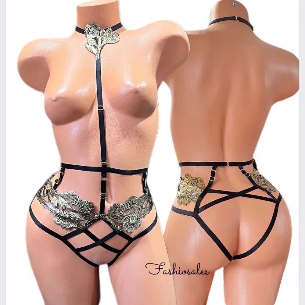 Victoria’s Secret Very Sexy Band of Lovers Gold Accents Caged Harness Panty
